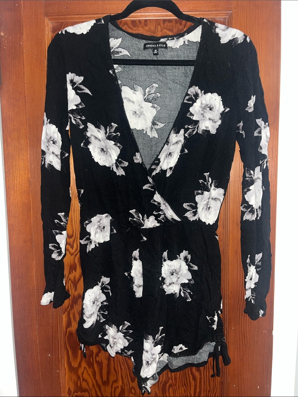 Kendall & Kylie Black Floral Wrap Romper with White Rose Print